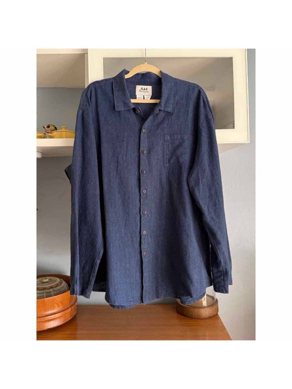 VTG FLAX Jeanne Engelhart Blue Shirt 100% Linen Men’s M Long Sleeve Pocket